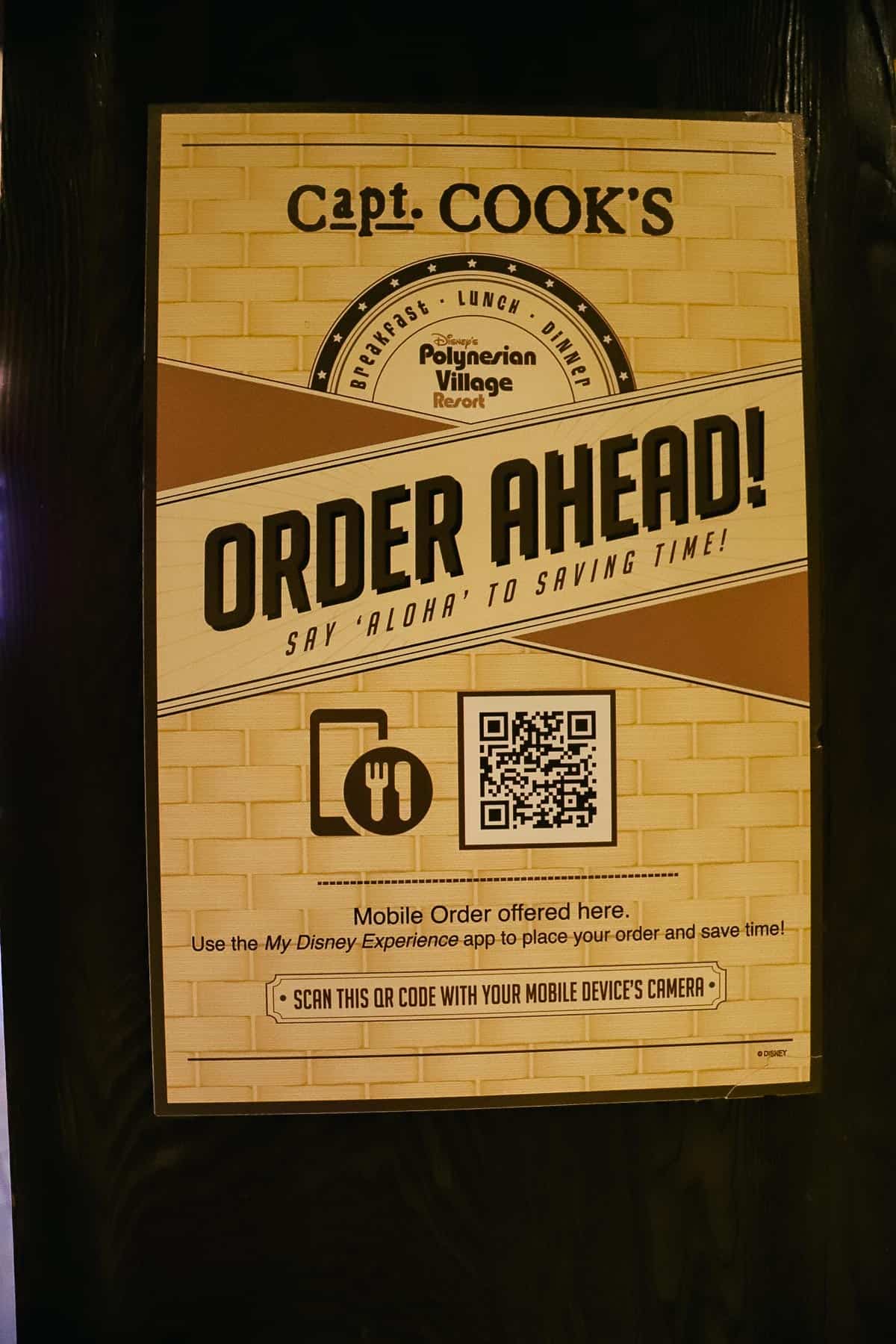 Mobile order signage for Capt. Cook's