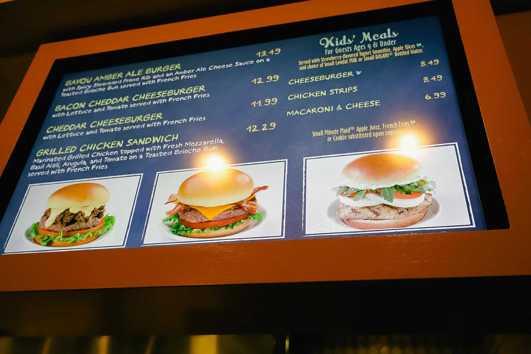 the menu board for Port Orleans Riverside Mill burgers and sandwiches
