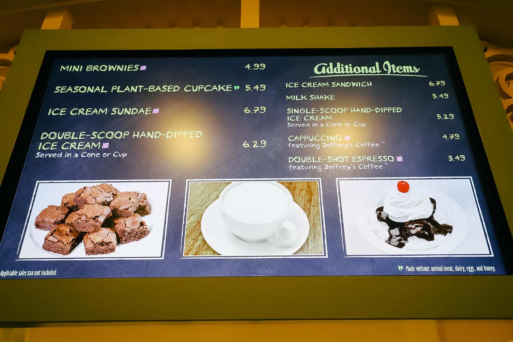 a dessert menu with brownies and sundaes