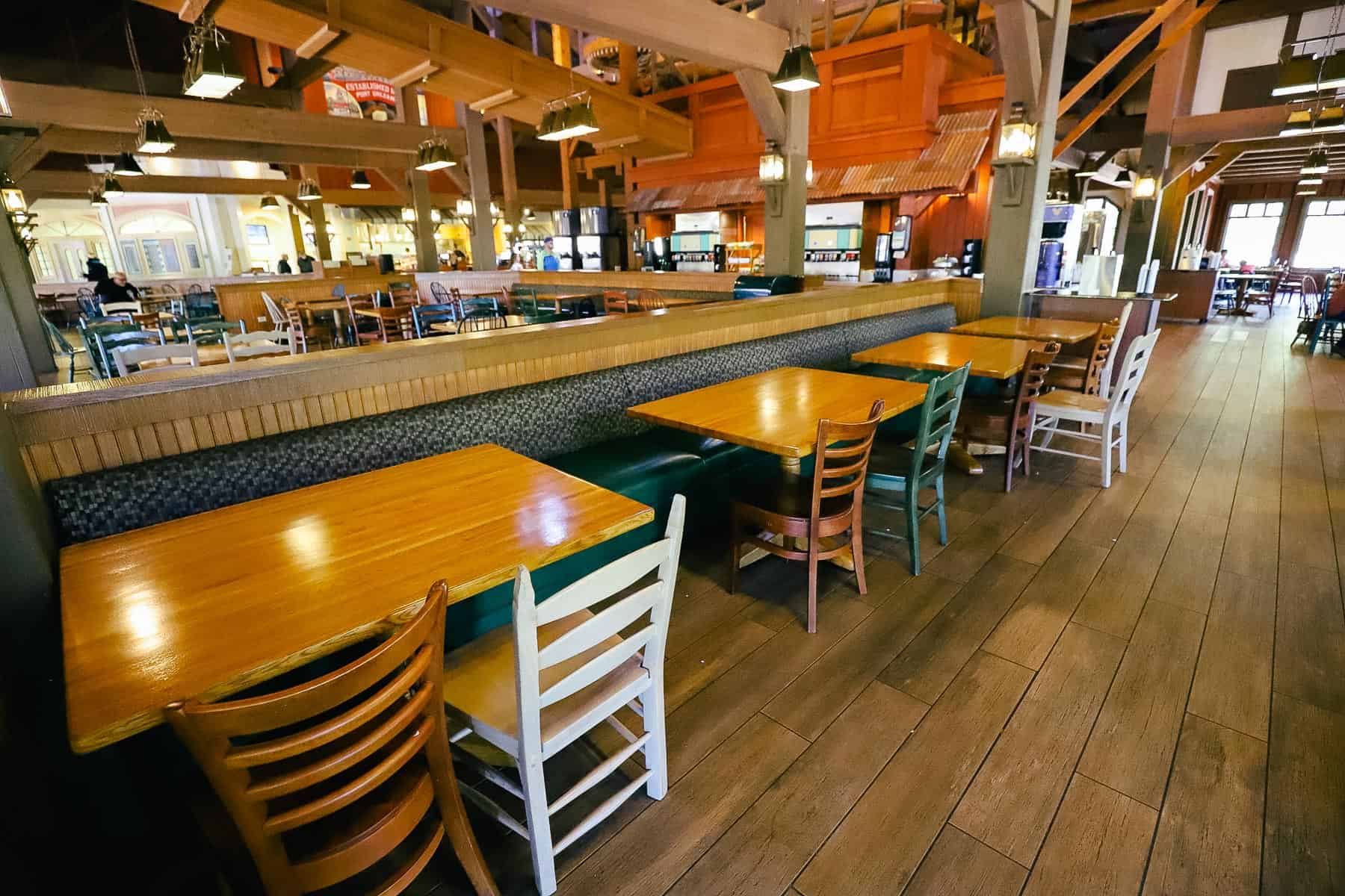 tables and chairs in the food court at Port Orleans Riverside