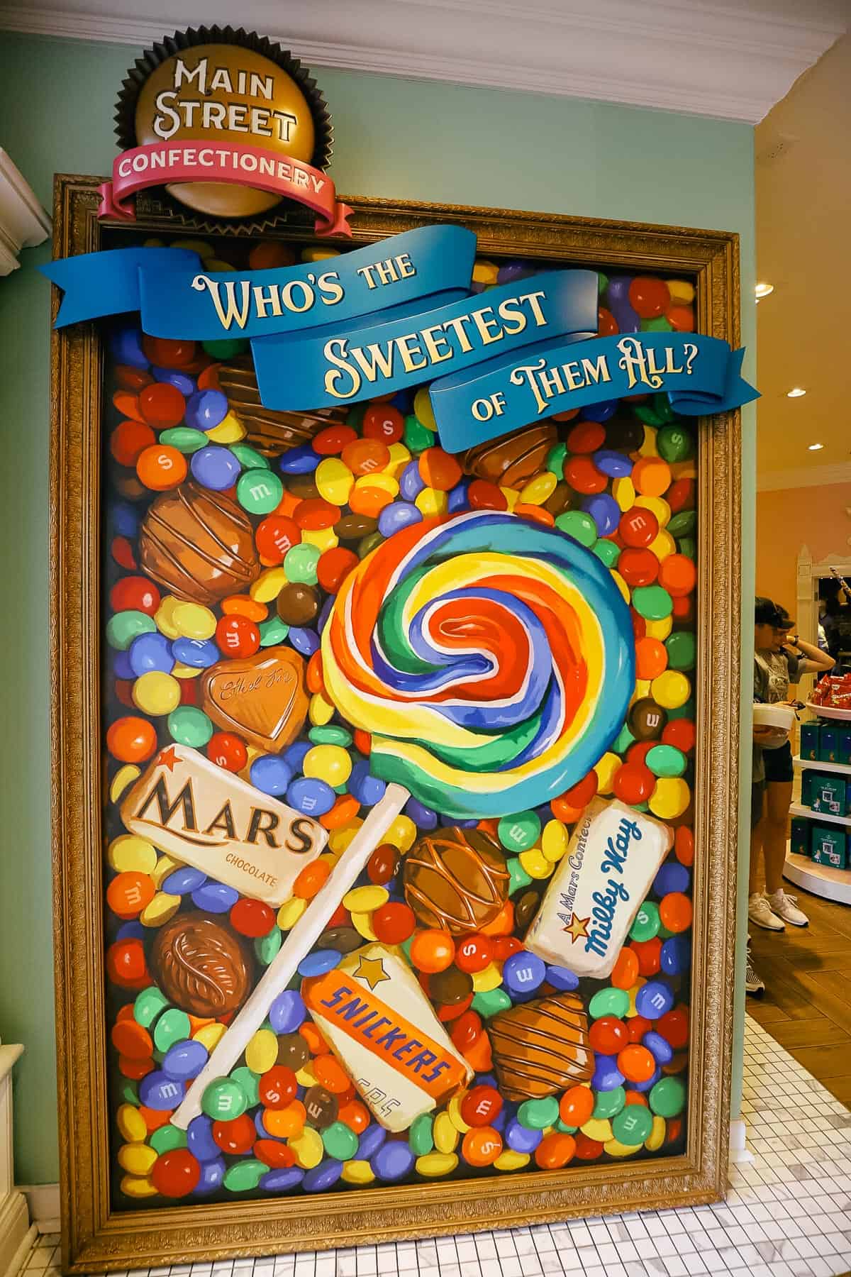 a close up of the candy photo wall in the Main Street Confectionery