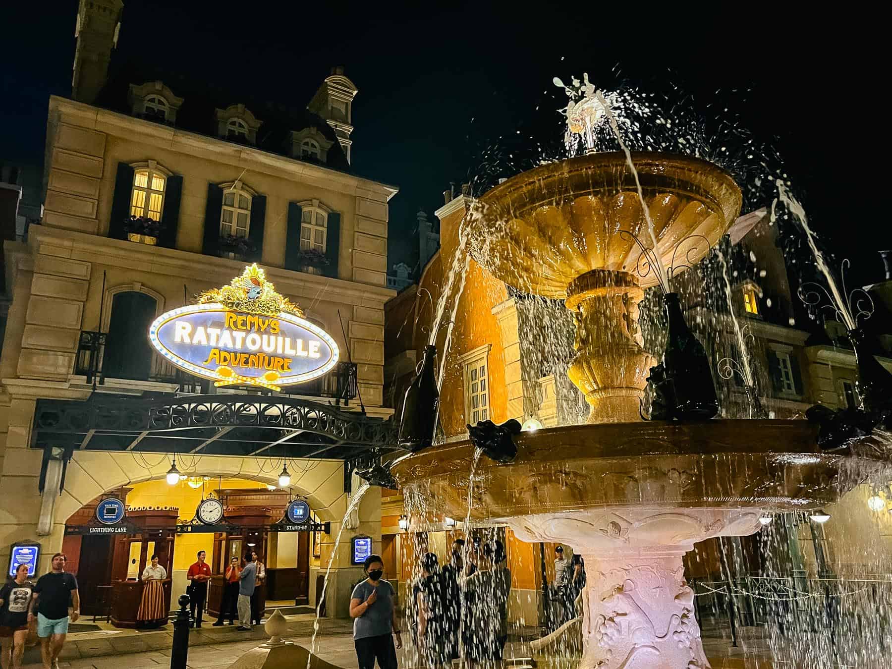 the fountain in front of the entrance of Remy's Ratatouille Adventure