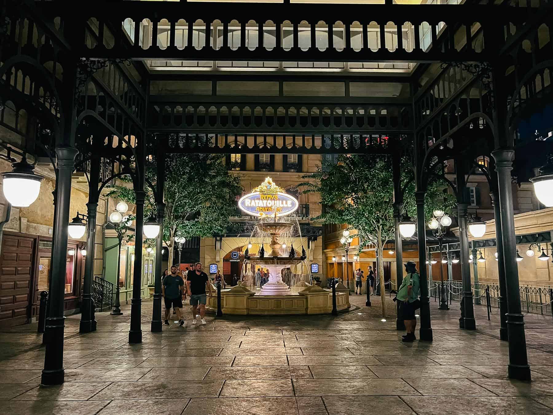 an empty courtyard in front of Remy's Ratatouille Adventure