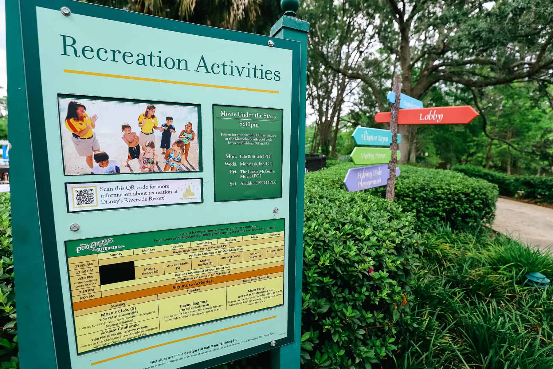 Example of a posted recreation calendar at Disney World 