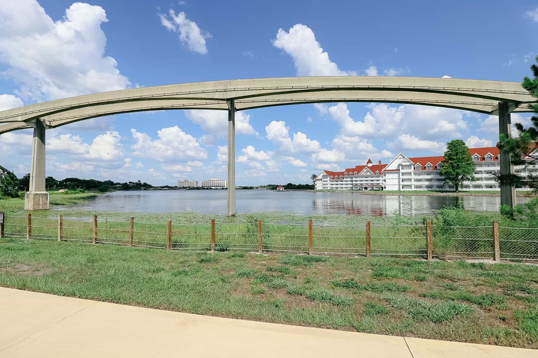 a view of Grand Floridian to the right and the Contemporary in the distance
