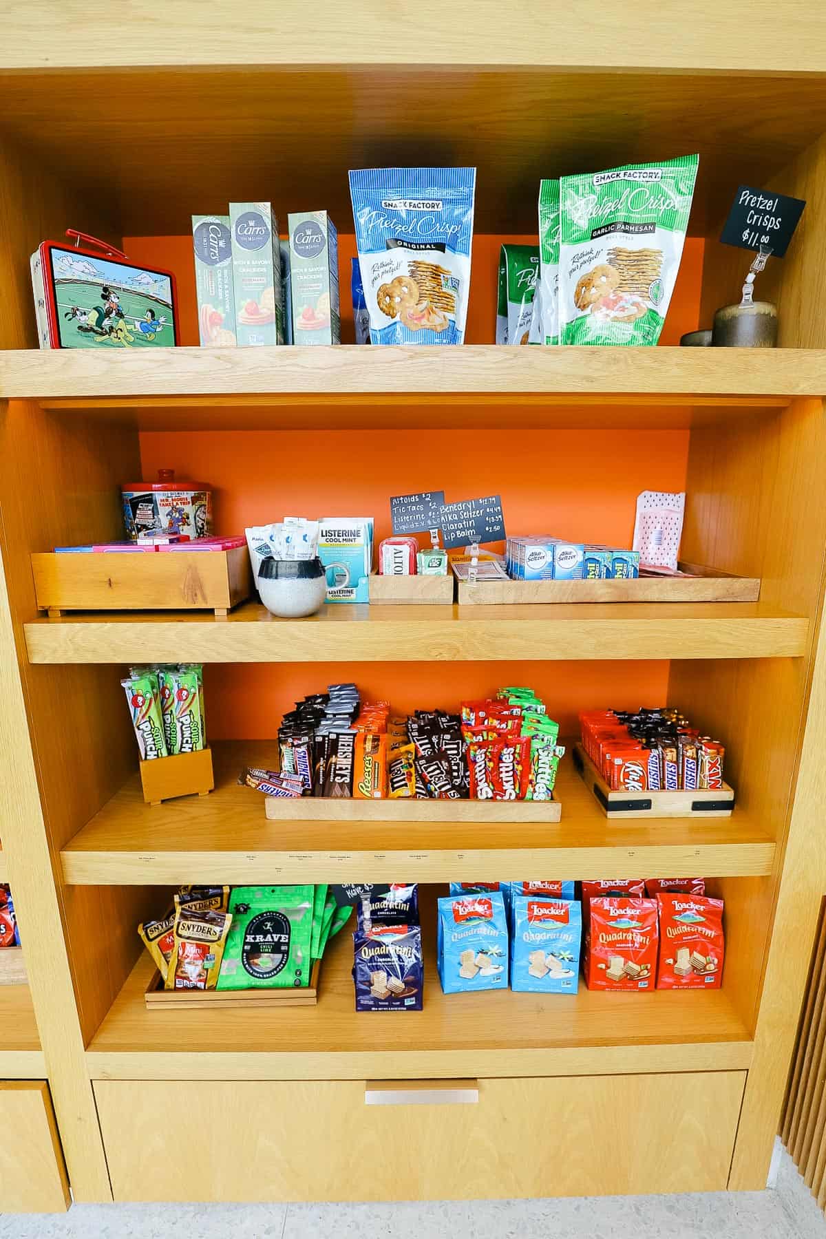 Prepackaged snacks like pretzels, chips, candy, and cookies. 