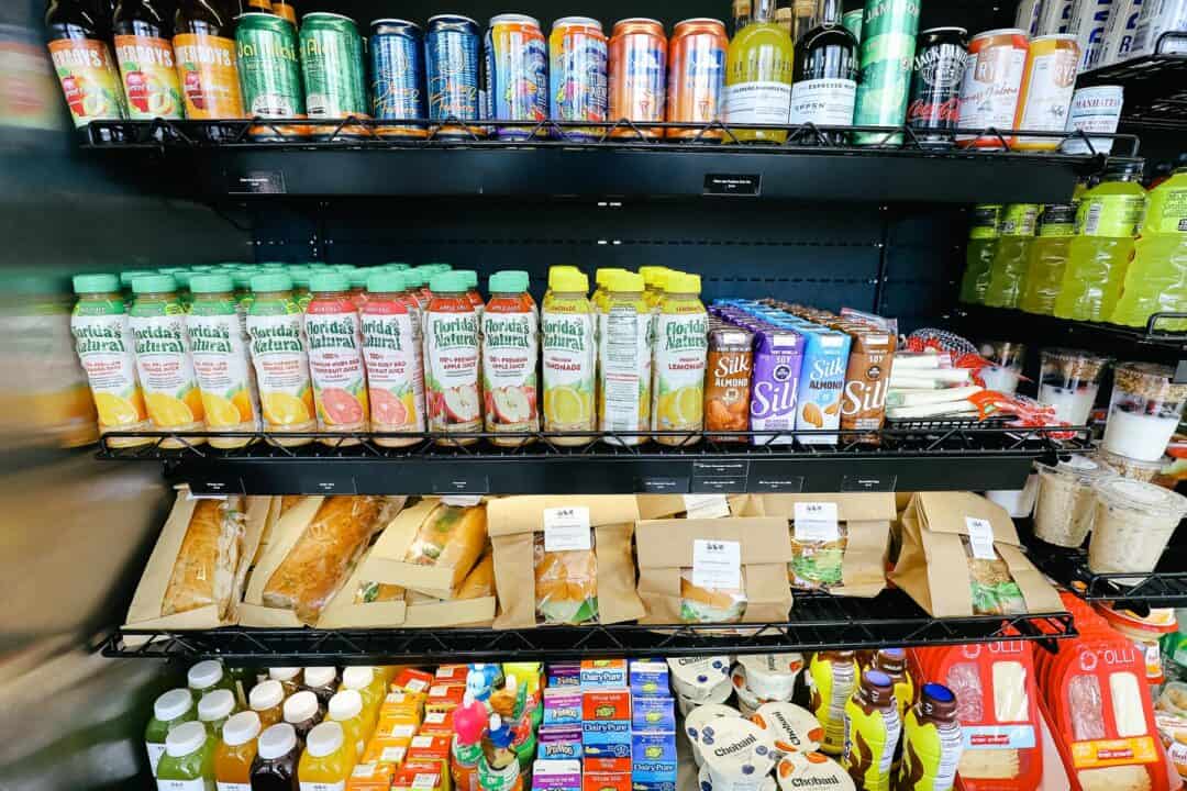 Available items include juice, various milk products, premade sandwiches, and other convenience items.