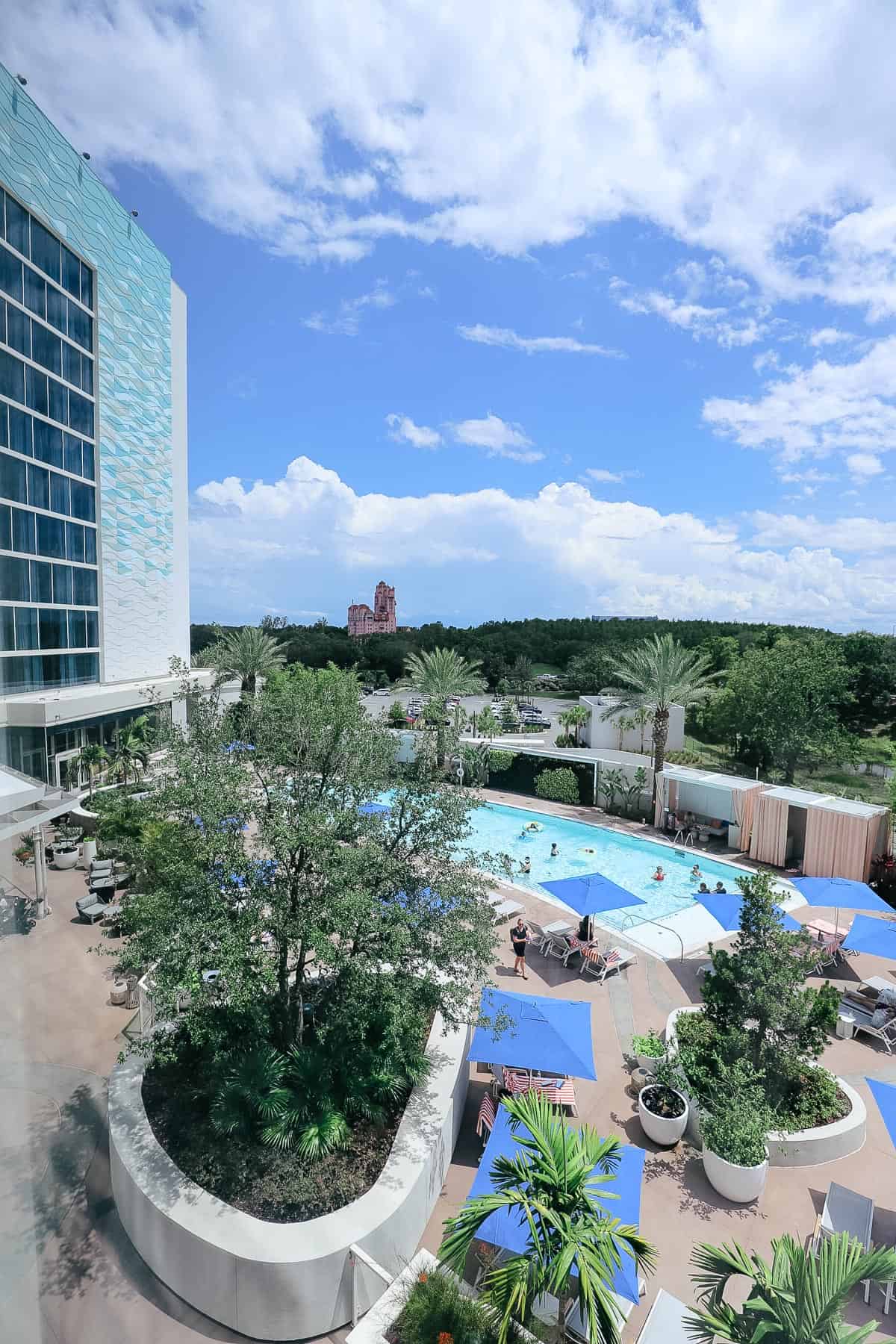 View of the pool and Hollywood Tower of Terror from the Swan Reserve. 