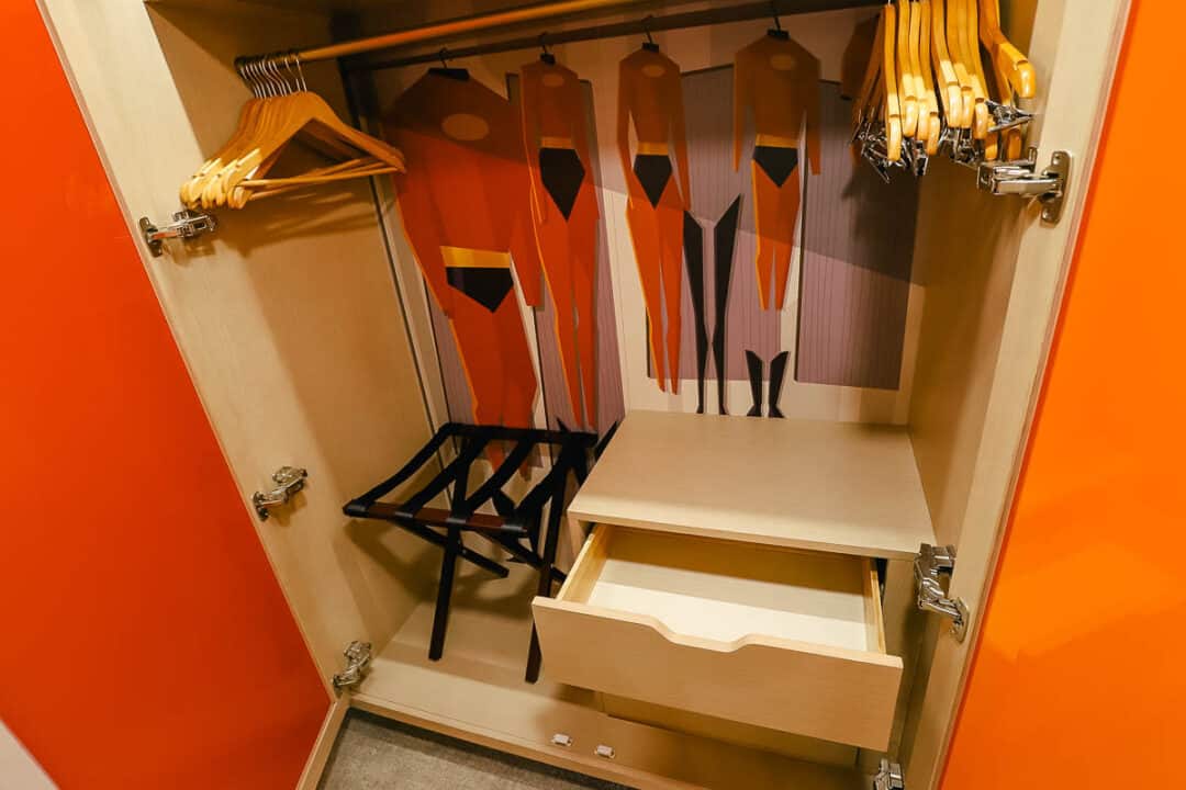 the interior closet of a Contemporary Resort room with Incredibles theming