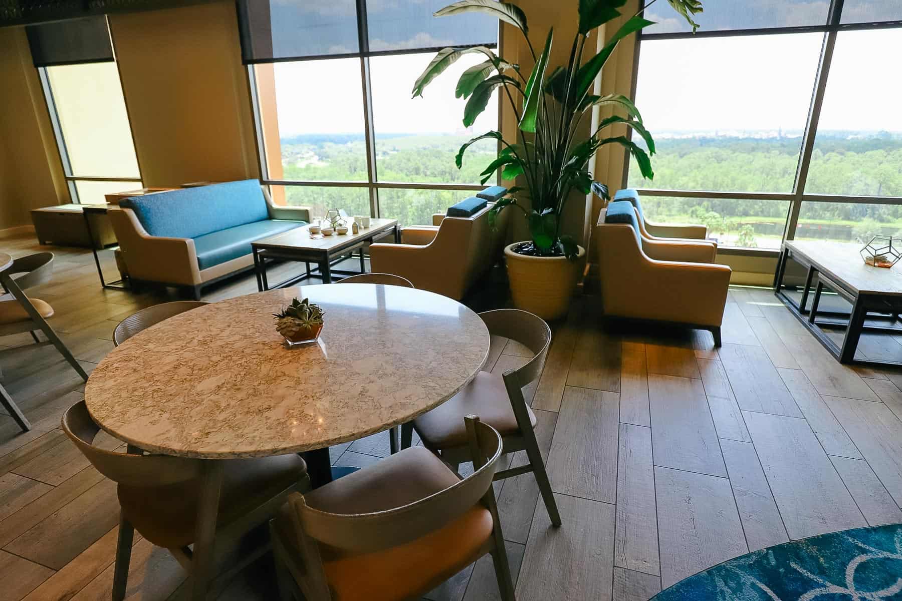 Various seating arrangements in the club level lounge at Gran Destino Tower 