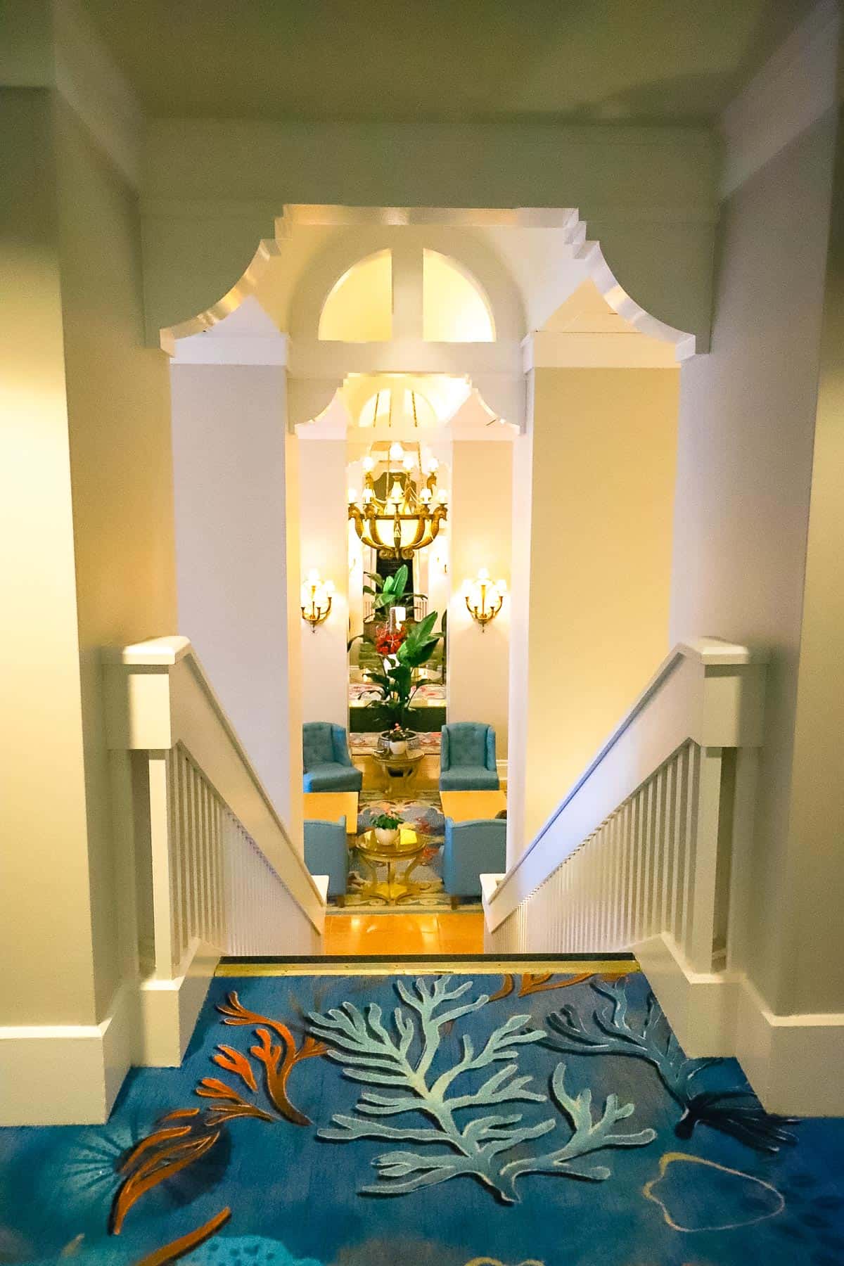 Looking down the stairs to the former lobby design at Disney's Beach Club 