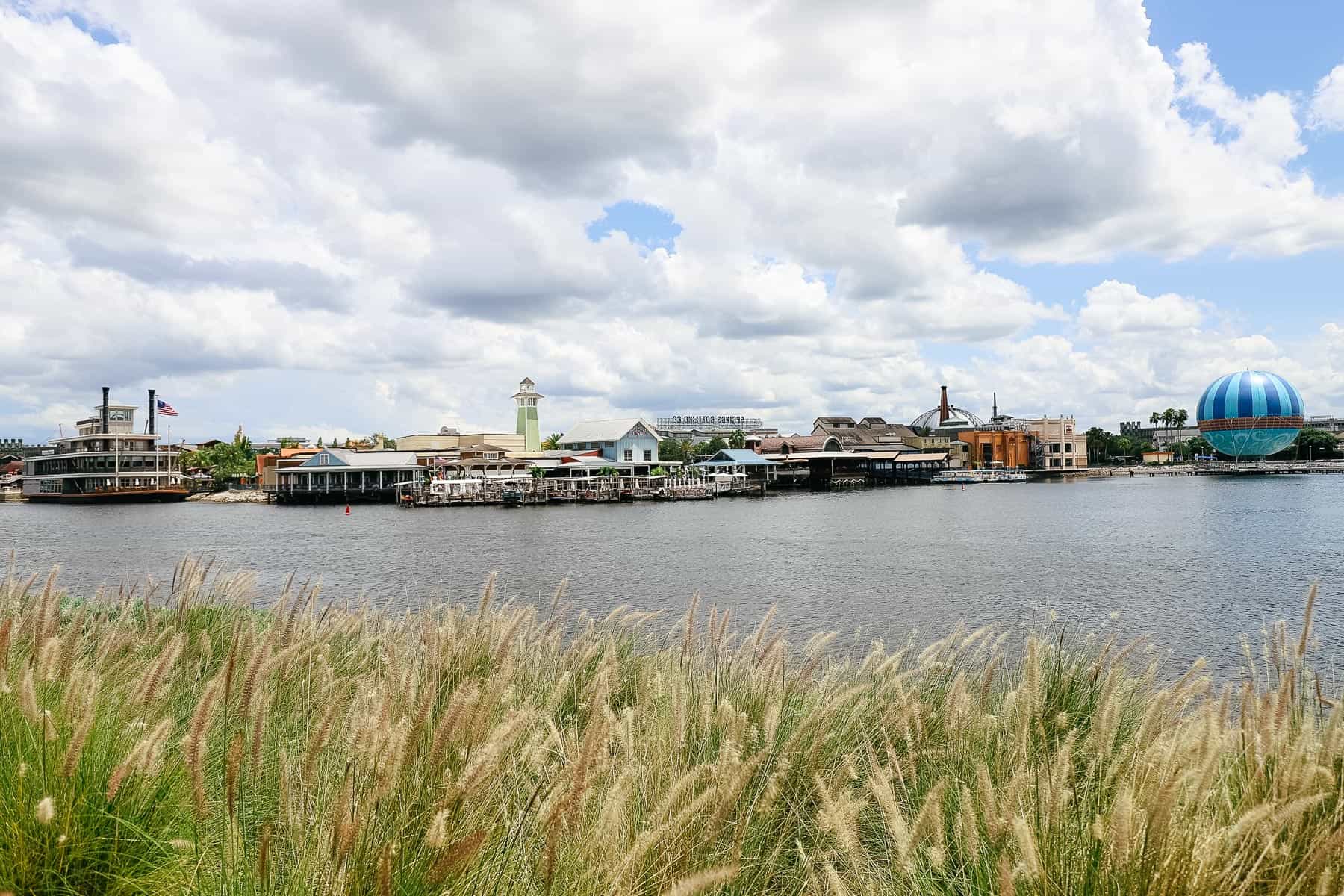 Disney Springs as seen from a nearby walking path. 