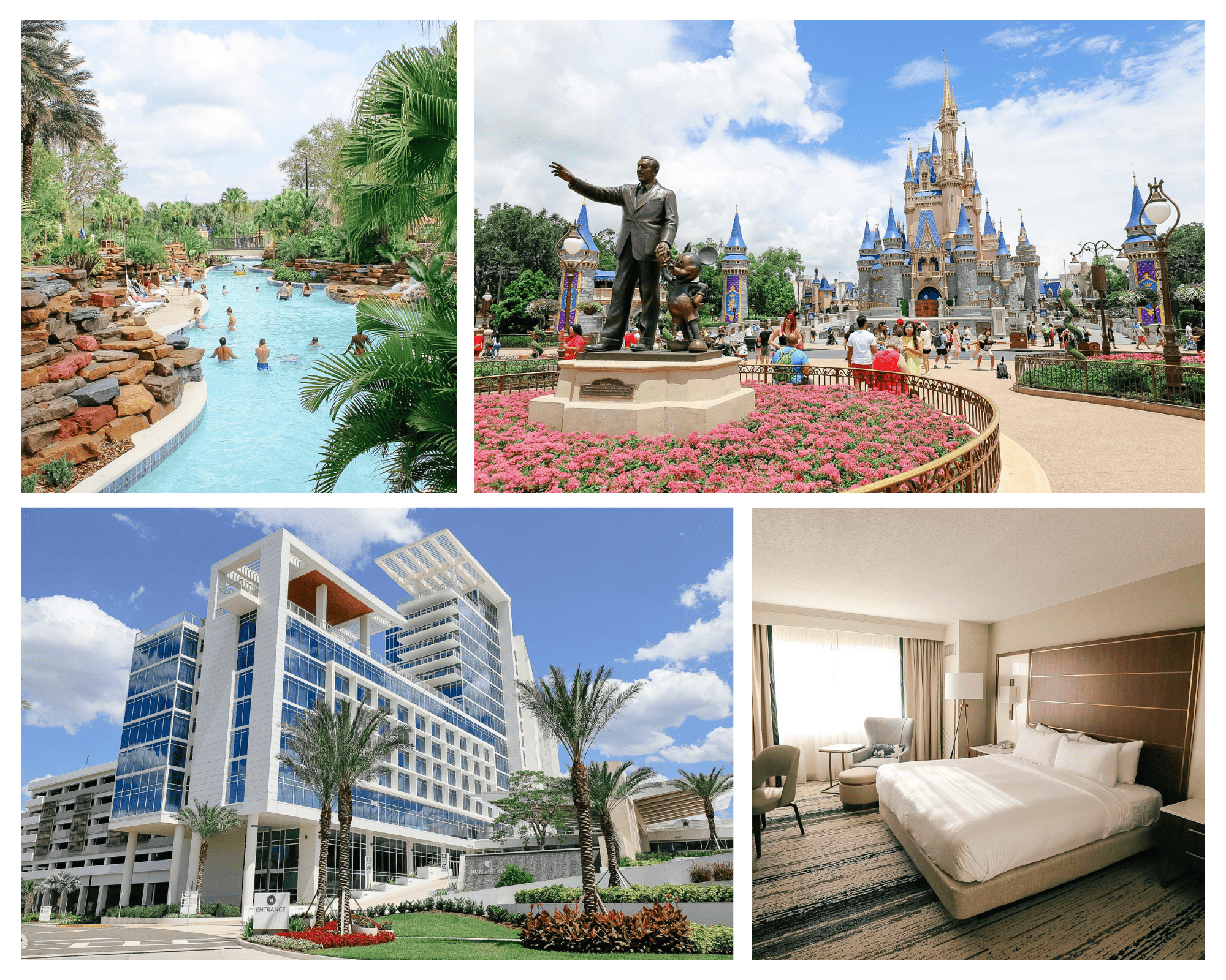 Multi-image photo with hotels, Magic Kingdom, a swimming pool, and a hotel room. 