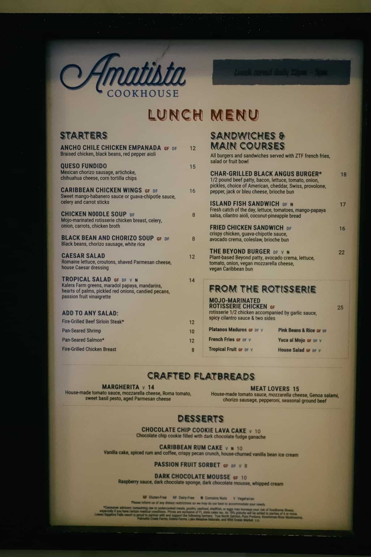 Amatista Cookhouse Lunch Menu