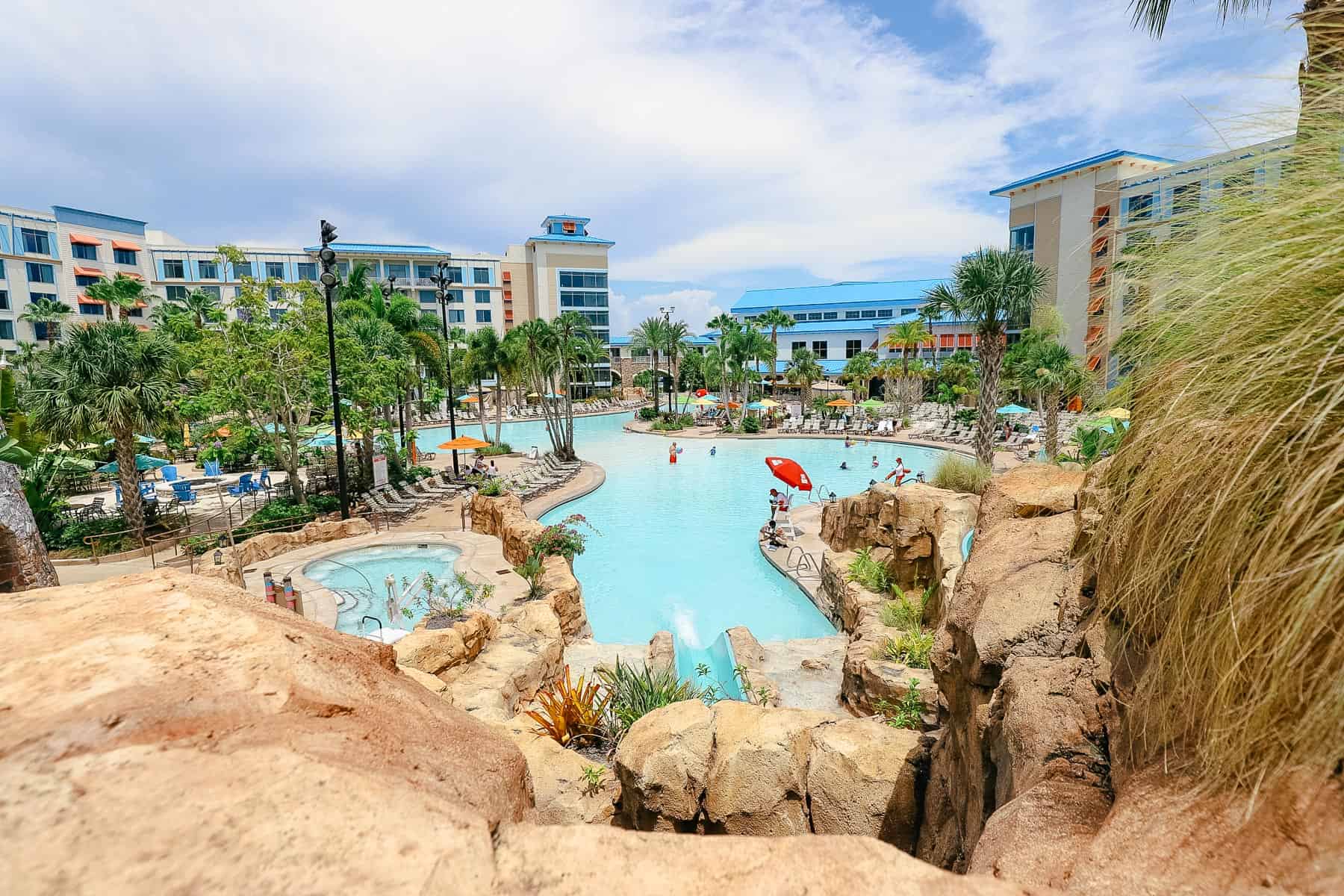 an overview of the pool at Loews Sapphire Falls from the top of the slide