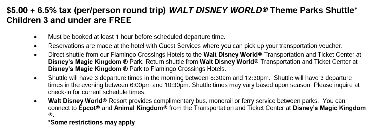 Screenshot showing where theme park shuttles are offered. 