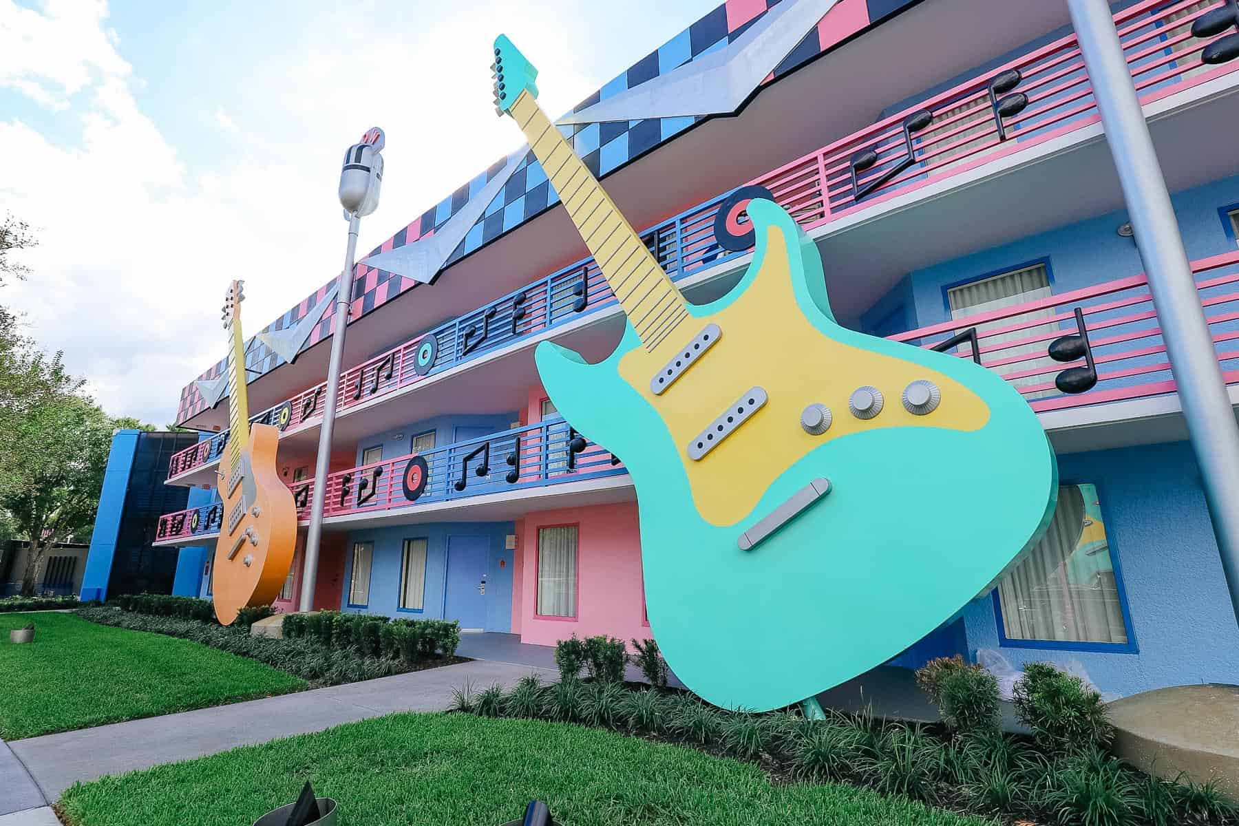 Guitars, records, and musical notes on the staircases at All-Star Music Rock Inn