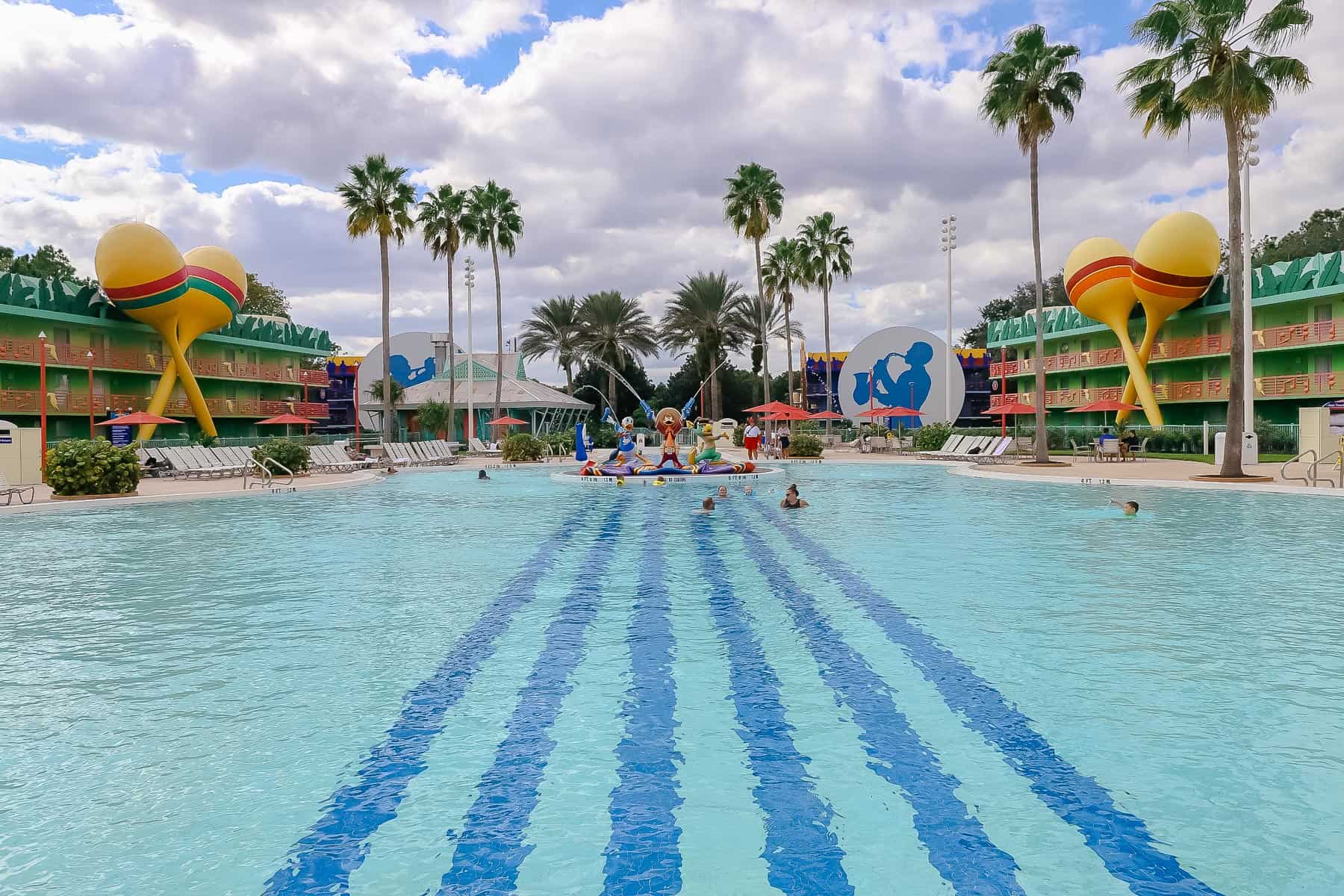 the pool with decorative guitar stripes down the center 