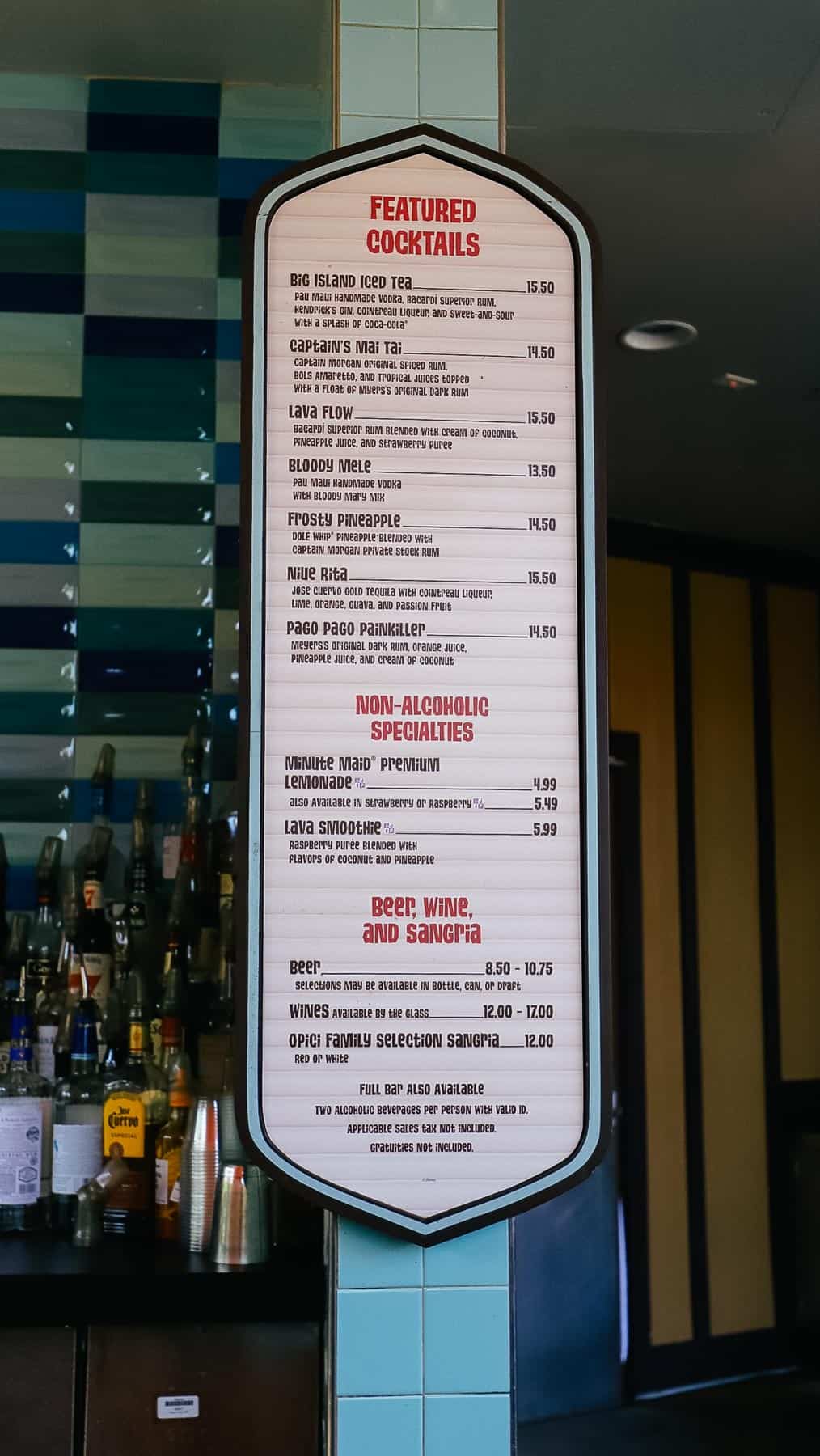 Barefoot Pool Bar menu