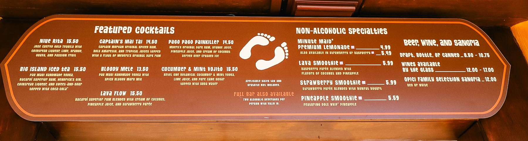 Barefoot Pool Bar Menu 