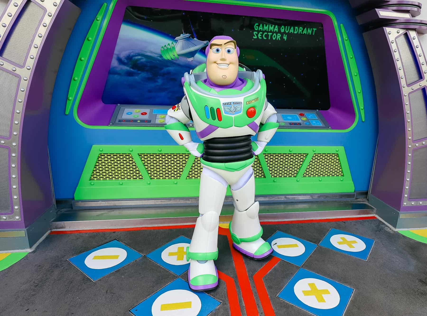 Buzz Lightyear posing for a photo at Magic Kingdom