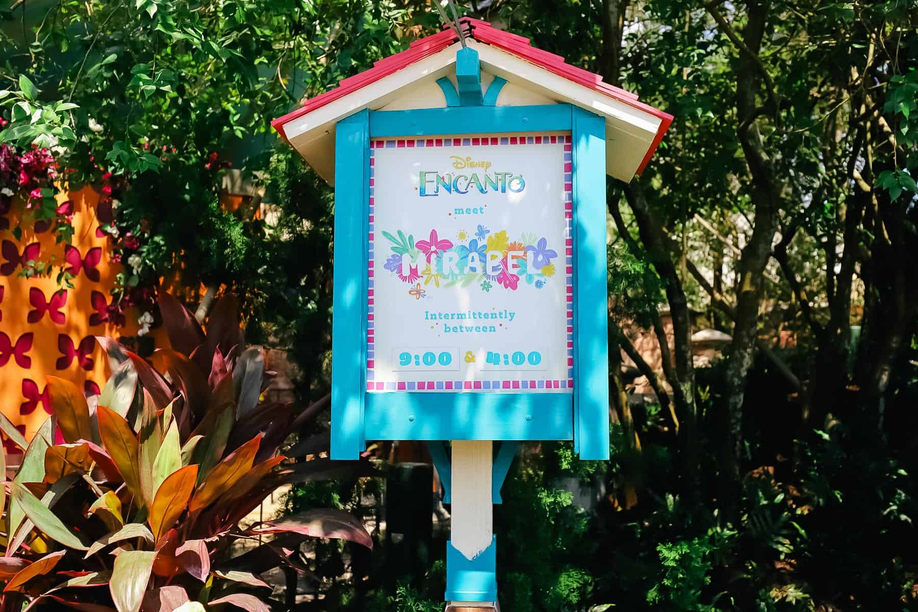 Sign showing times that Mirabel meets at Magic Kingdom. 