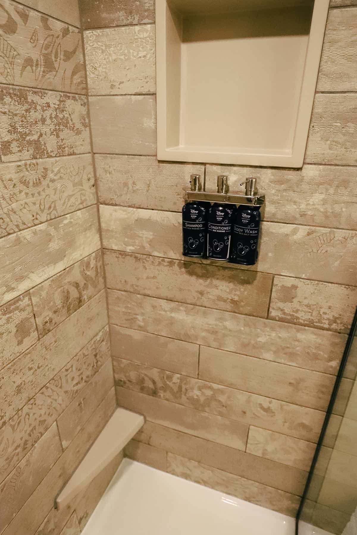 built-in toiletries shampoo, conditioner, and body wash 