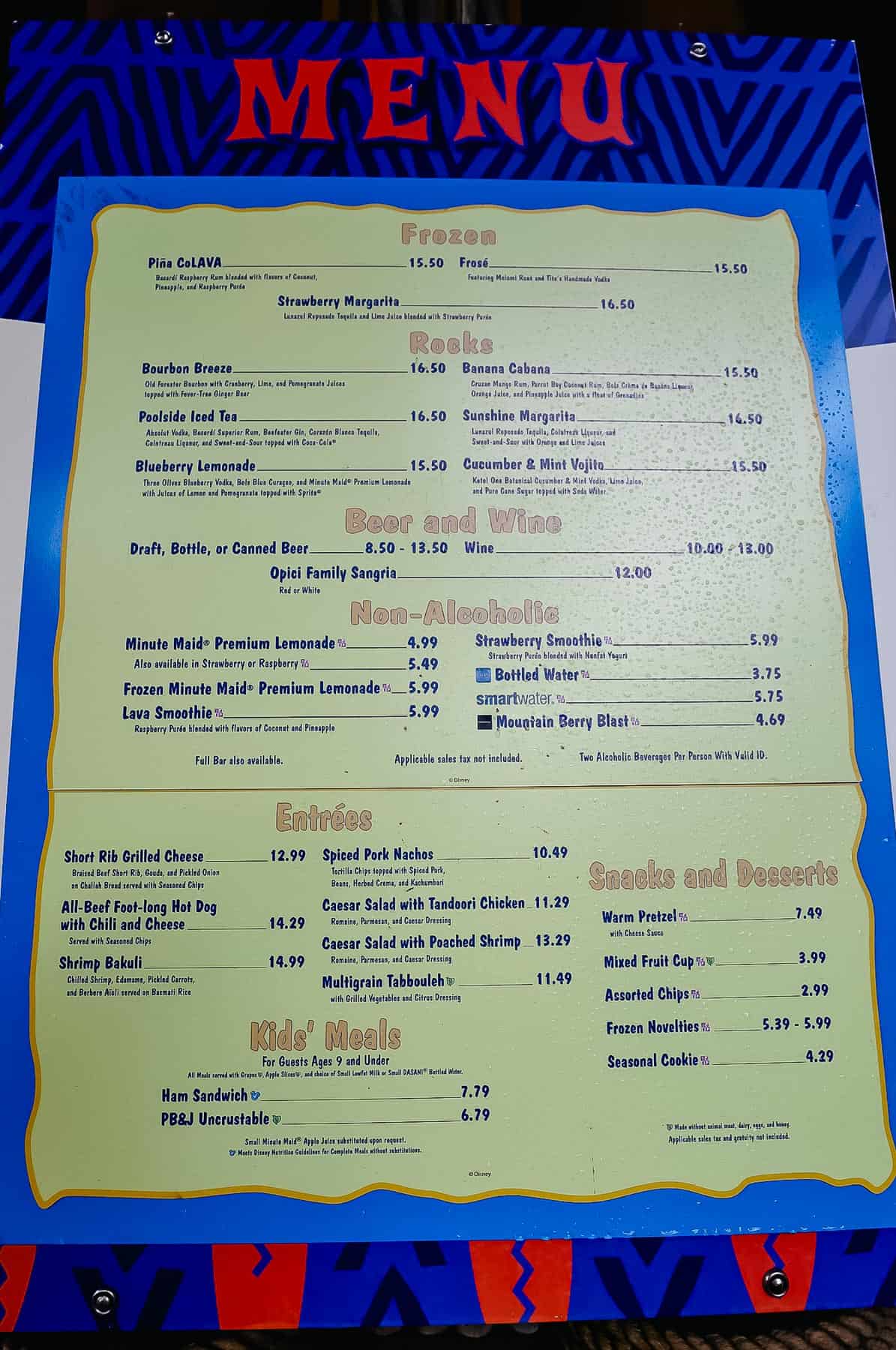 pool bar menu at Kidani Village