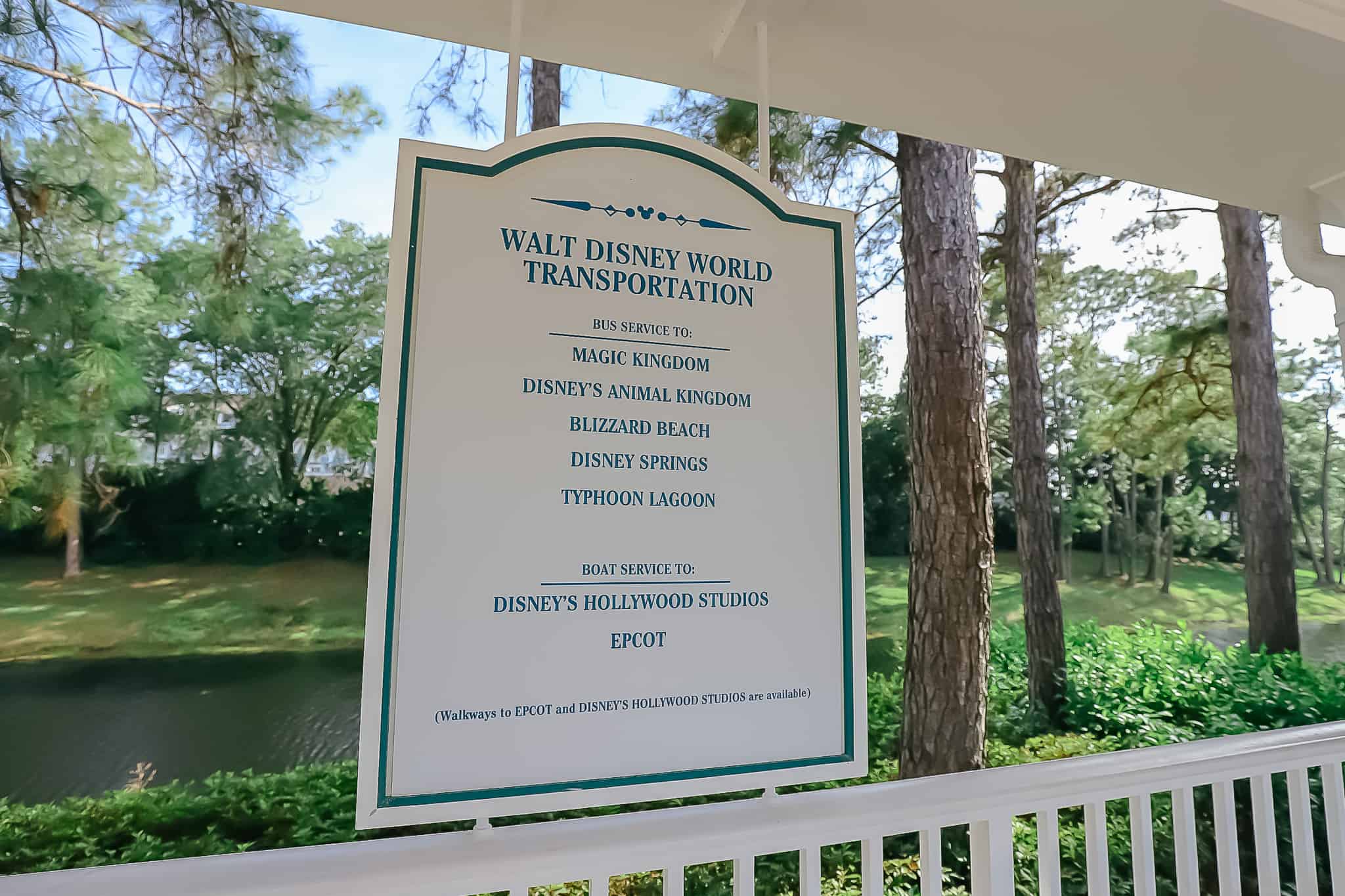 Sign reads Disney's Beach Club bus to Magic Kingdom and lists other destinations. 