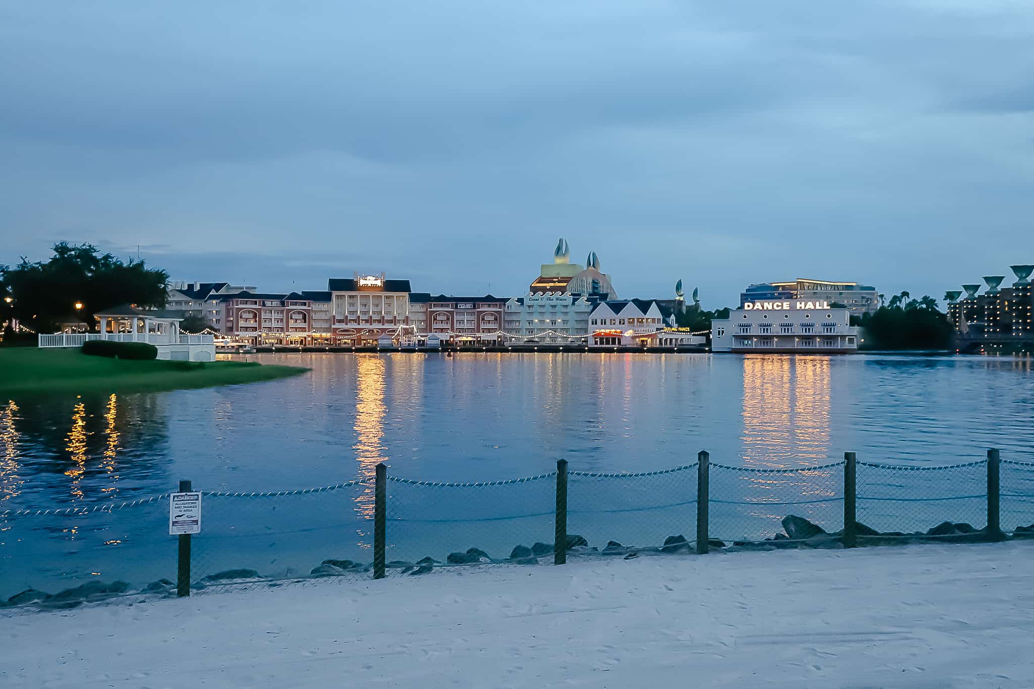 view of Crescent Lake when walking to Epcot 