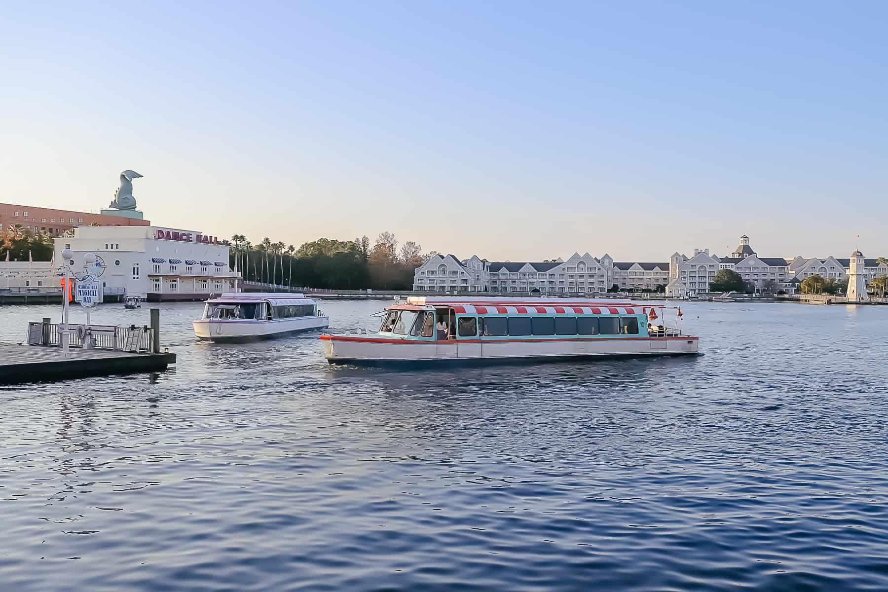 Boats departing Disney's Boardwalk Inn for Hollywood Studios and Epcot. 