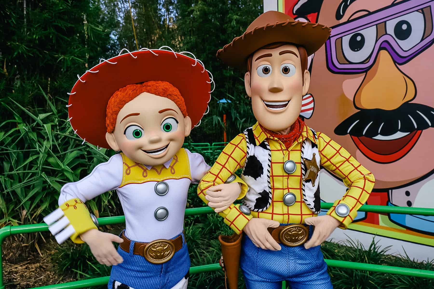 Woody and Jessie posing for a photo in Toy Story Land. 