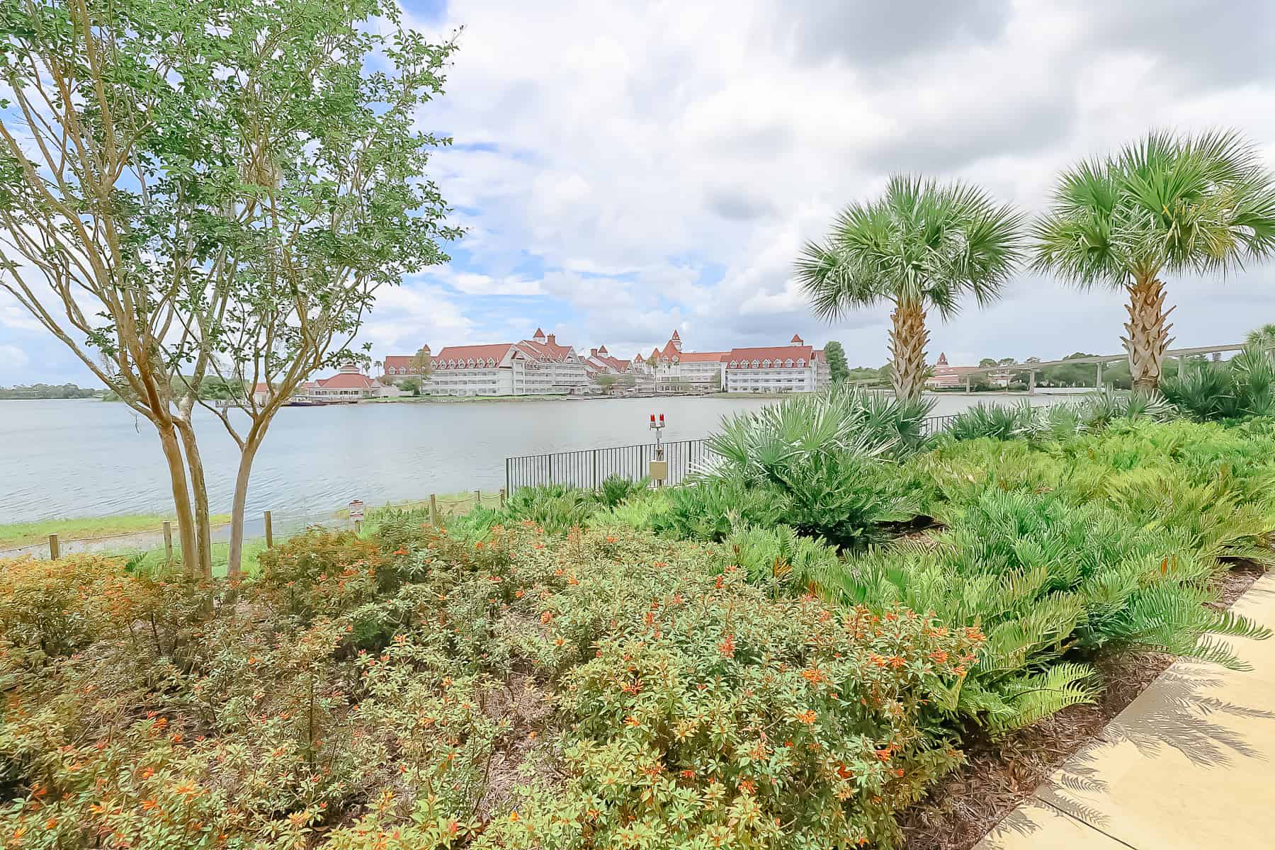 view of Grand Floridian from the walkway to Magic Kingdom