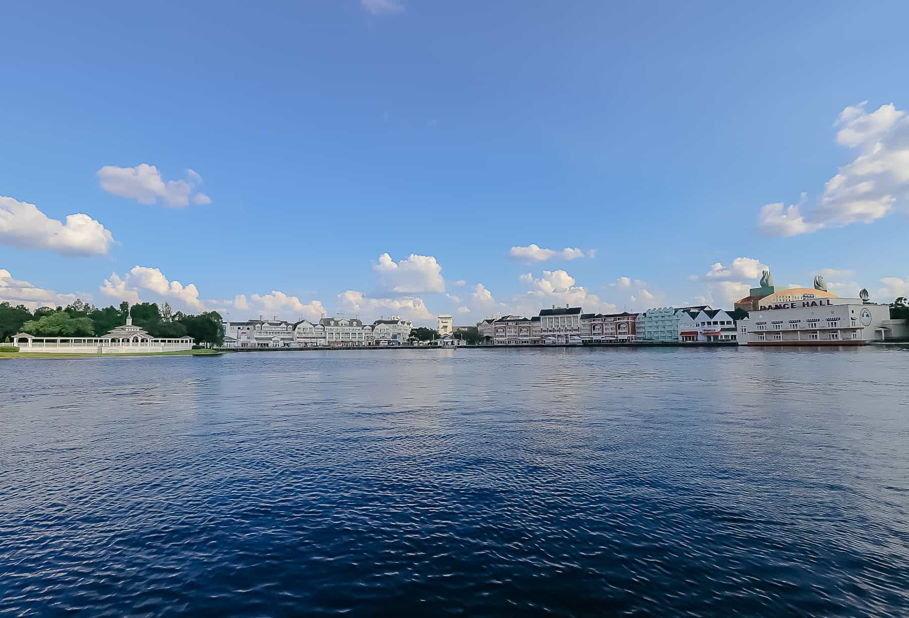 view of Disney's Boardwalk from the Yacht Club's boat dock