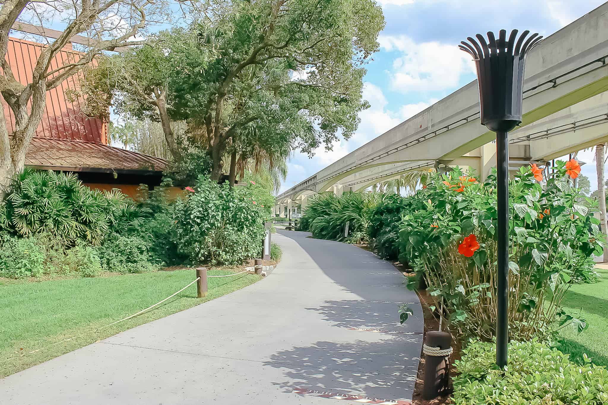 walkway under the monorail line at Disney's Polynesian Resort 