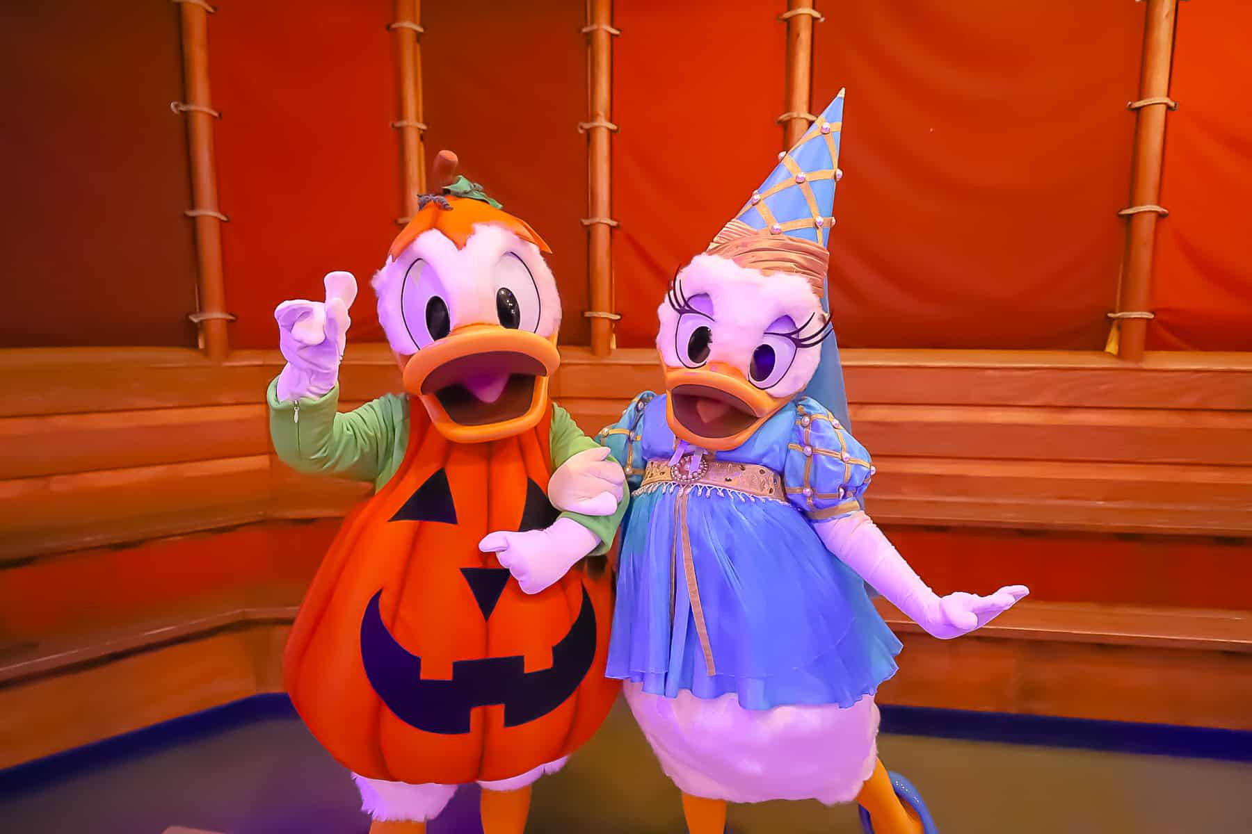 Donald and Daisy Duck at Mickey's Not So Scary Halloween Party wearing a pumpkin costume and Daisy is a princess. 