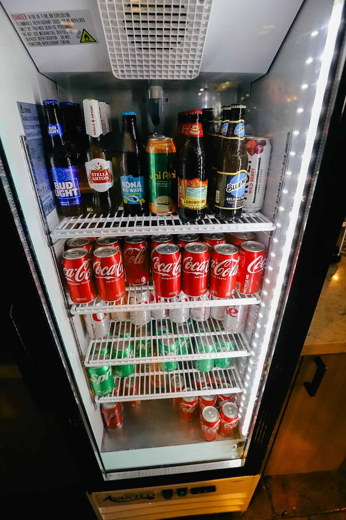 Refrigerated case with beer, seltzer, and soda 
