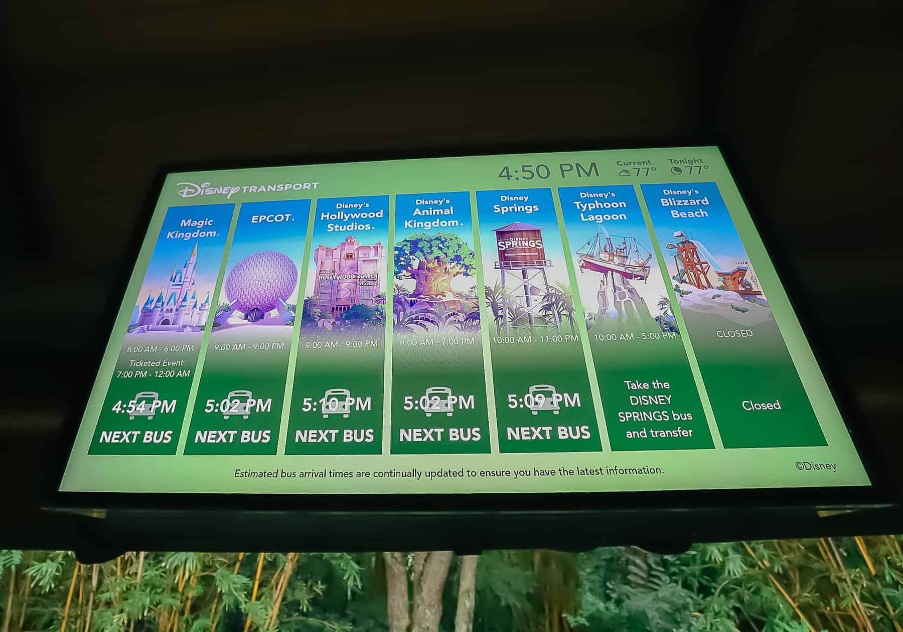 shows transfer bus for Disney's Typhoon Lagoon on the wait time signage 