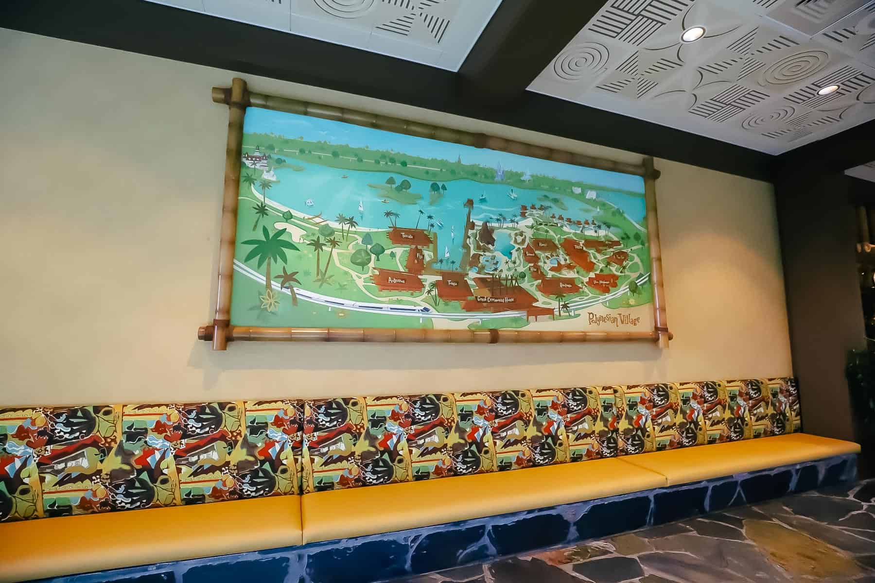Vintage map of the original Polynesian Village Resort on display in the lobby. 