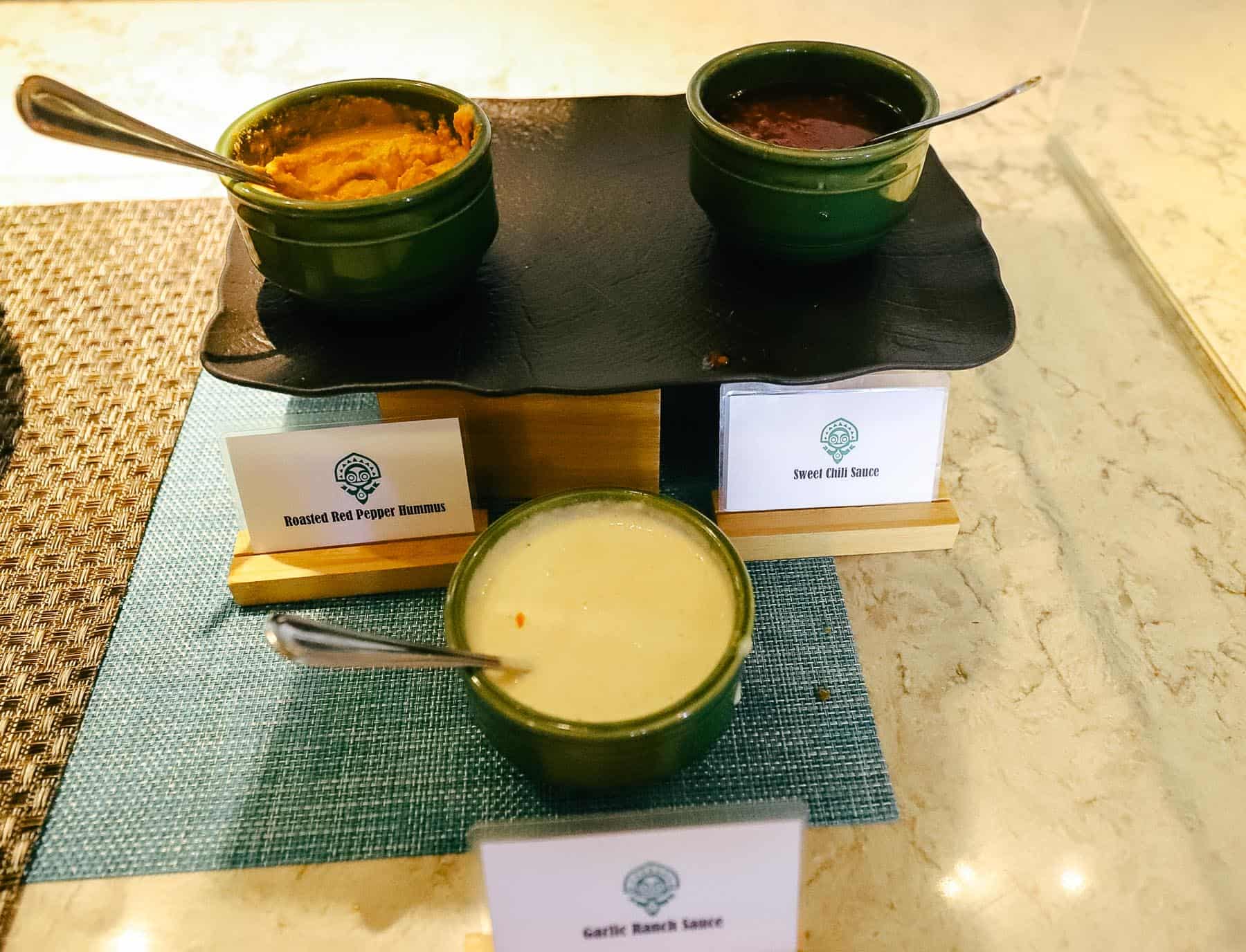 Roasted Red Pepper Hummus, Sweet Chili Sauce, and Garlic Ranch Sauce