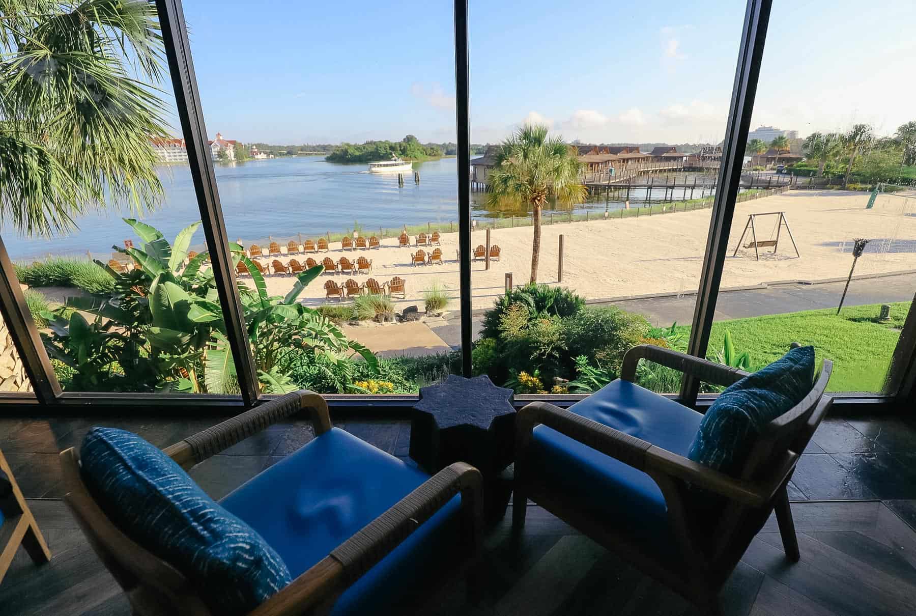 Two chairs facing the window in the club level lounge at Disney's Polynesian. 