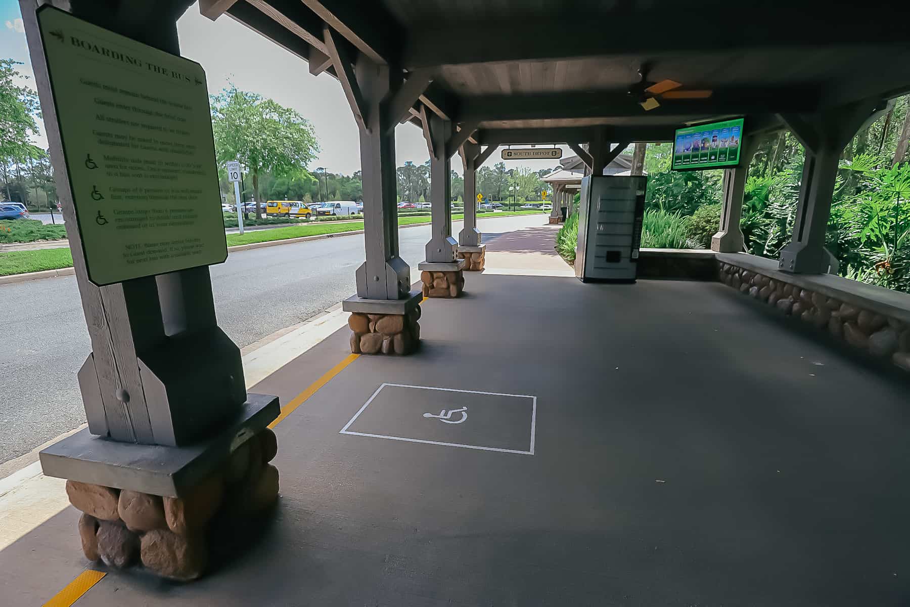 Waiting area for the bus for guests with ECVs and wheelchairs.