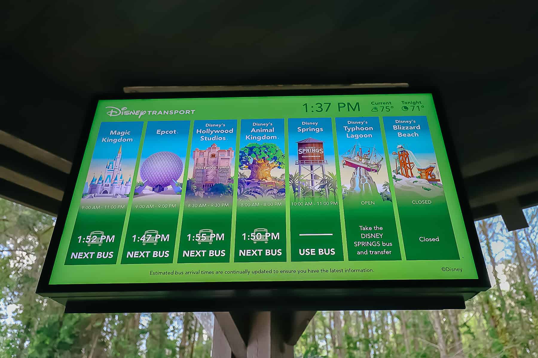 a wait times sign for the bus at Disney's Port Orleans Riverside 