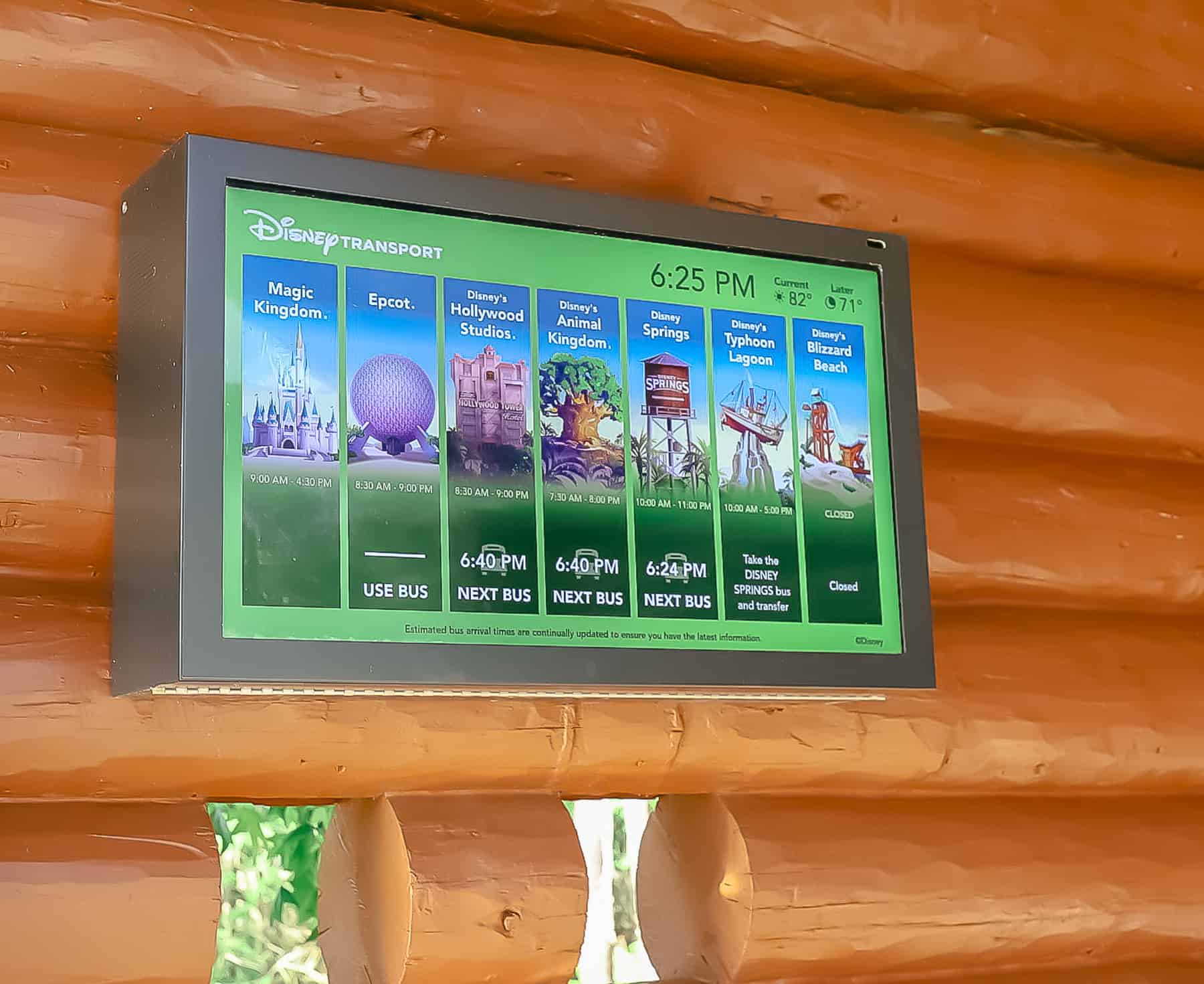 Wait times screen for the next bus at Wilderness Lodge 