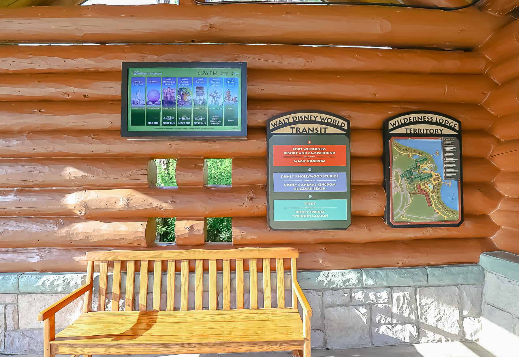 Wait area for the bus to Epcot at Disney's Wilderness Lodge 
