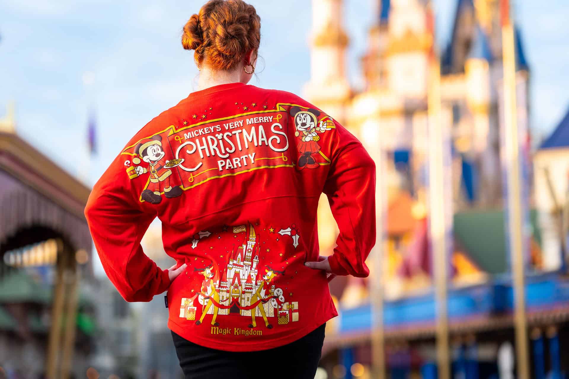 a red spirit jersey that says Mickey's Very Merry Christmas Party 