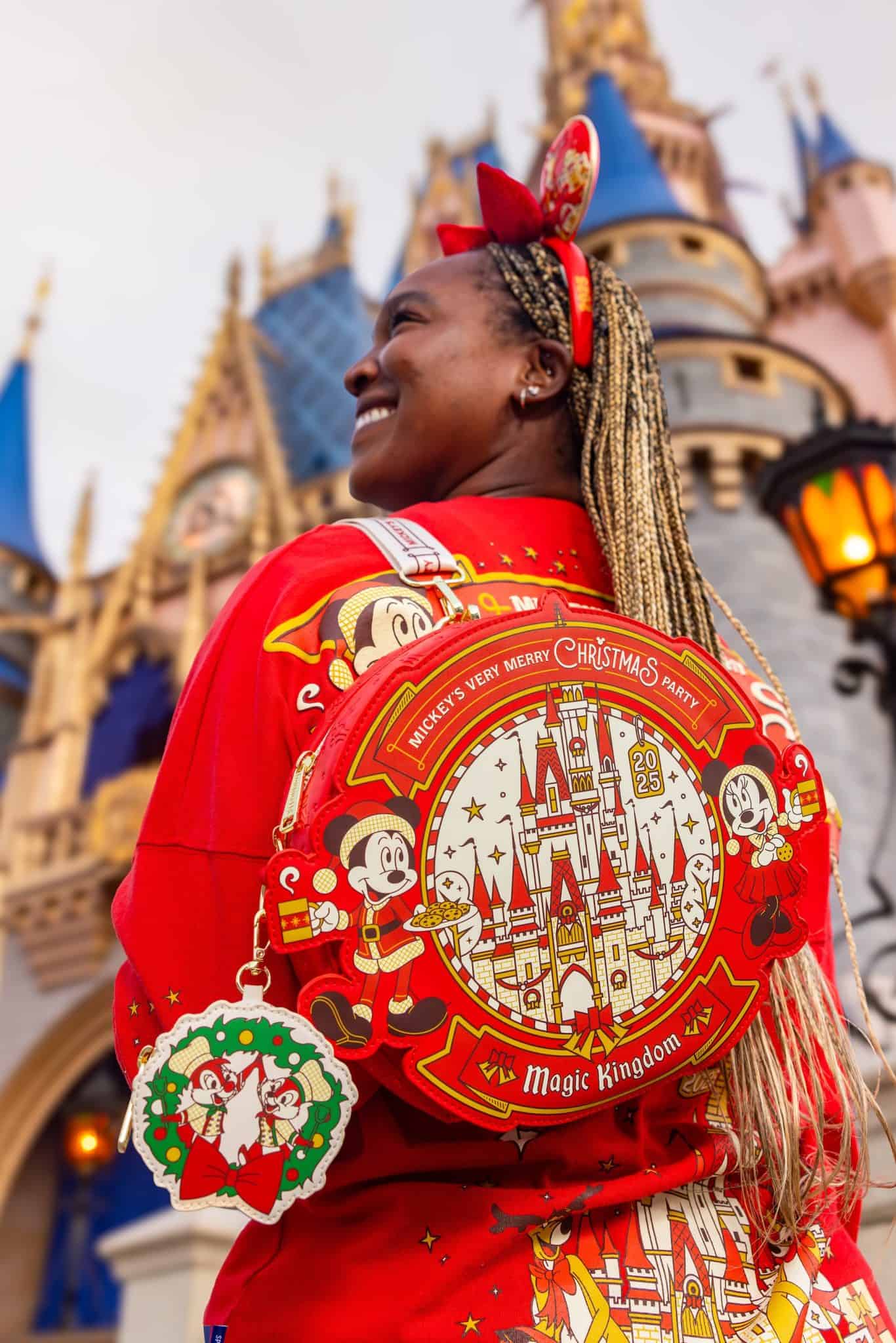 a Loungefly backpack with Minnie and Mickey Mouse 