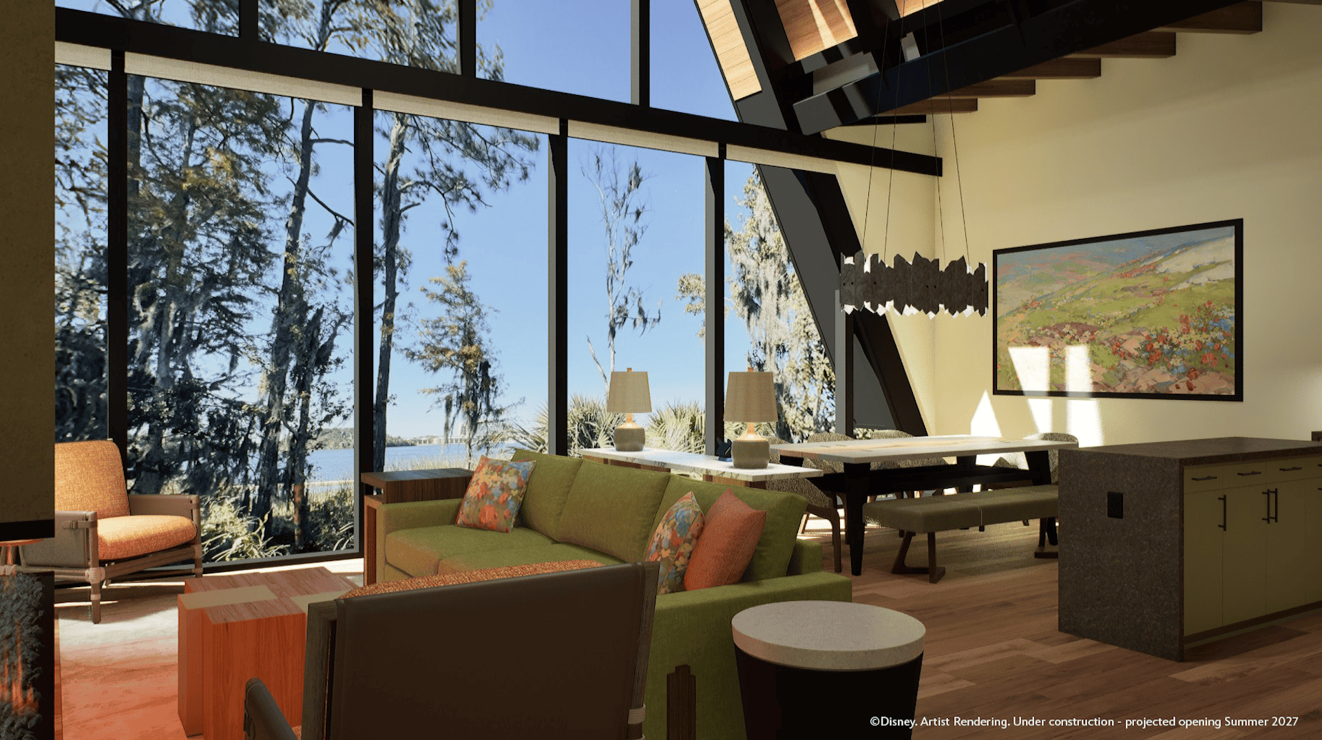 a view from the living space inside the Lakeshore Lodge living room