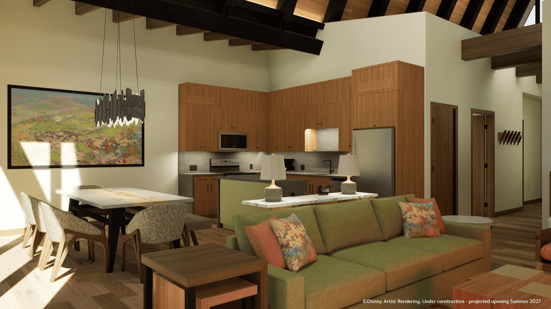 a view of the kitchen and dining area of the lakefront houses at Lakeshore Lodge