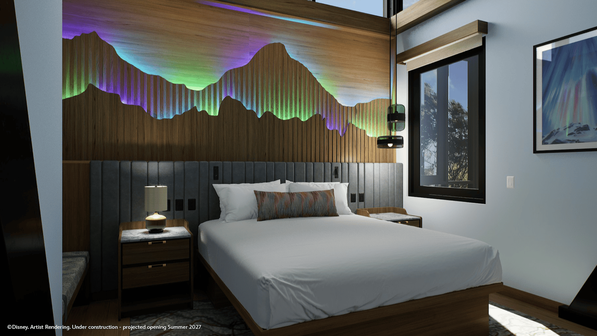 a king size bed with a headboard that lights up artist concept for waterfront houses at Lakeshore Lodge